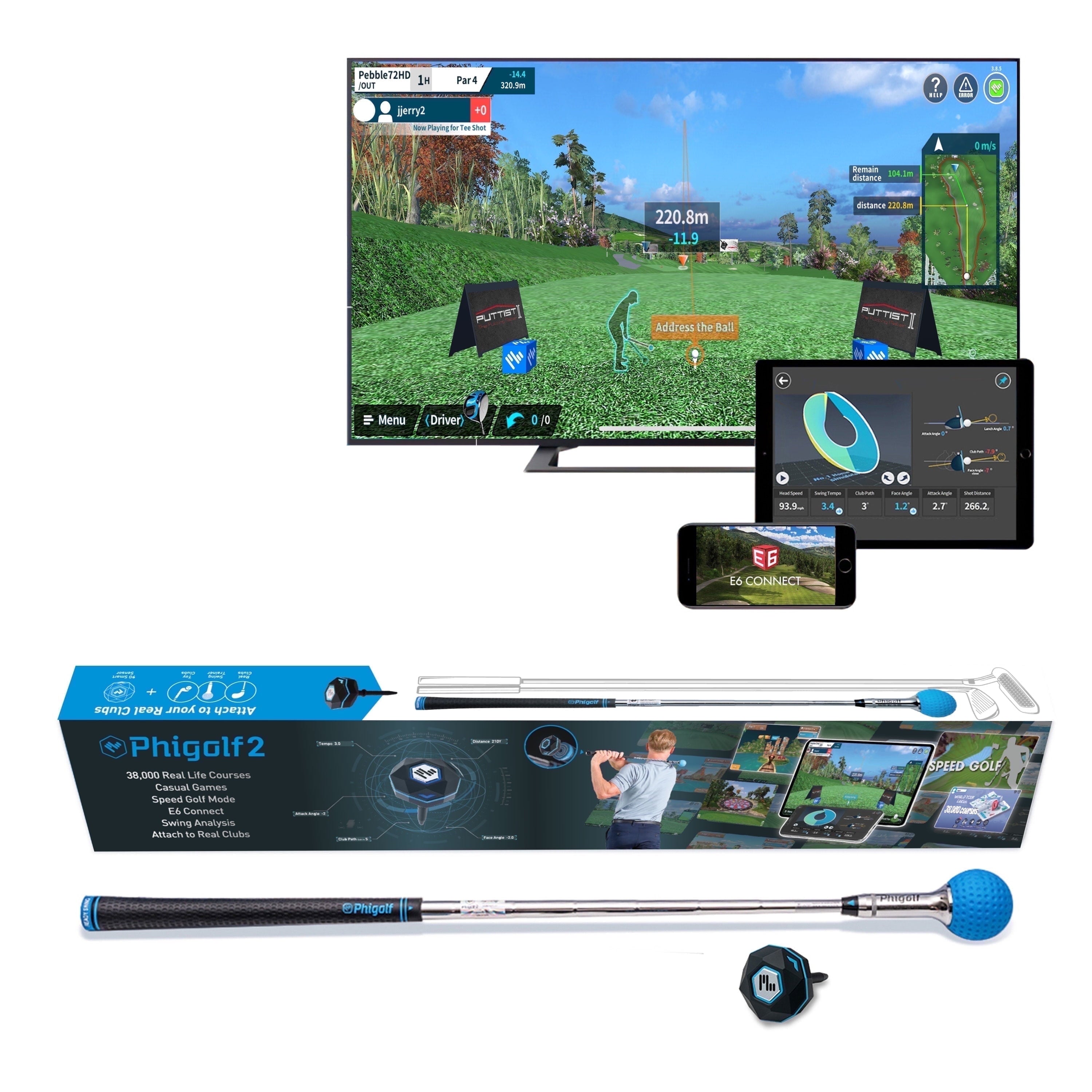 Home Golf Game Simulator: Enjoy Interactive Golf with Motion Sensor & Swing Stick for Indoor & Outdoor Fun – 38,000+ Courses Worldwide, Compatible with Android, Ios, App & E6 Connect