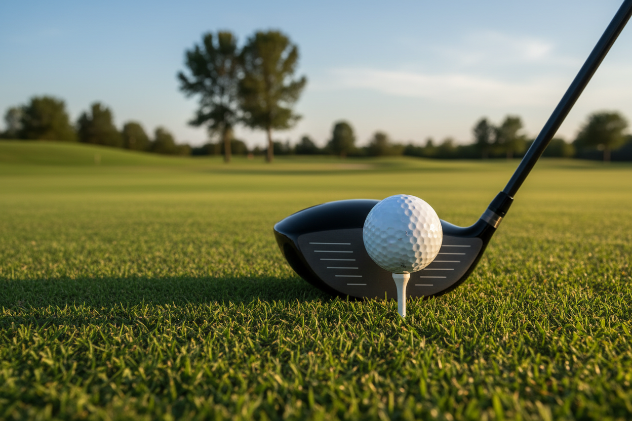 a golf ball on a tee with an unbranded driver lined up to hit it (driver and ball set up a little towards the right side of the frame)